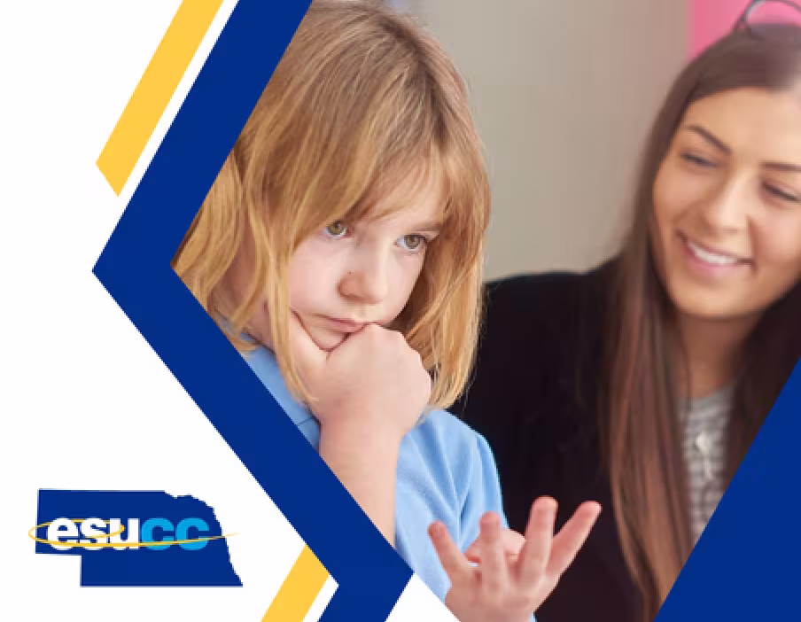 Young student thinking with hand on chin while an adult educator smiles and gestures nearby, framed within a blue graphic design that includes the ESUCC logo.