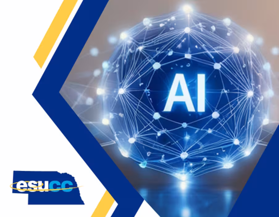 Graphic of a glowing digital sphere with interconnected lines surrounding the letters “AI,” framed within a blue geometric design and featuring the ESUCC logo.