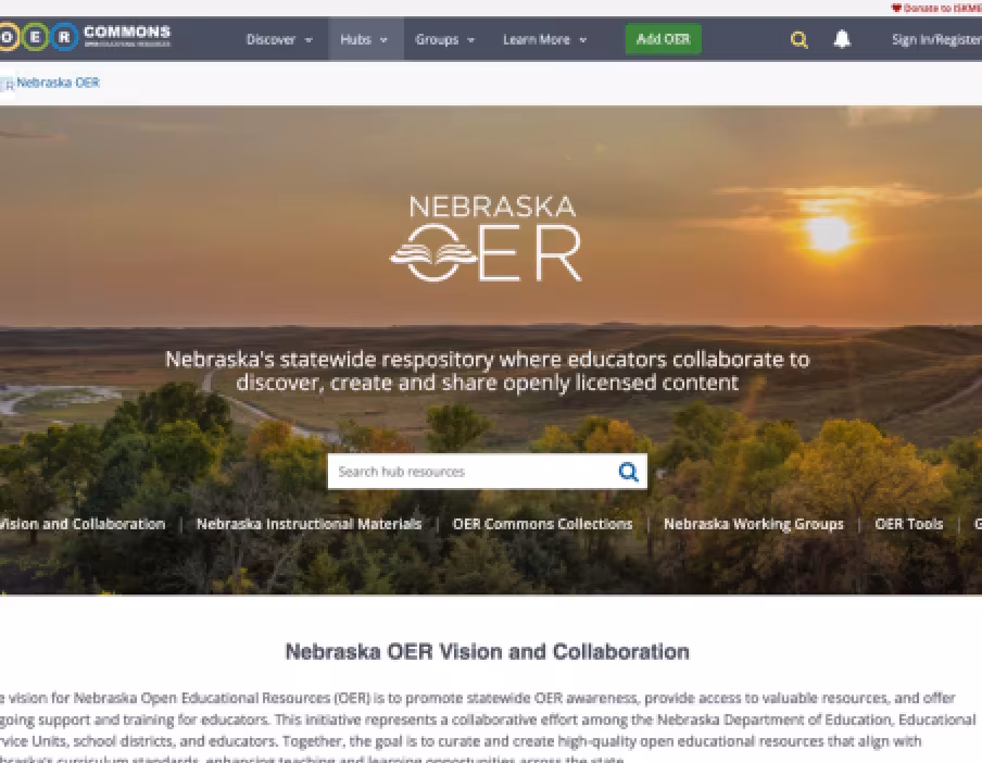 Screenshot of the Nebraska OER website homepage showing a landscape banner with a sunset over hills, the title “Nebraska OER,” and text describing it as a statewide repository for discovering, creating, and sharing openly licensed educational resources, along with a search bar and navigation menu.