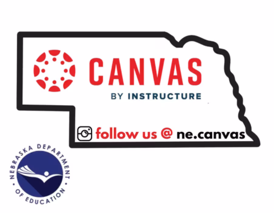 Graphic of the outline of Nebraska featuring the Canvas logo and the text “Canvas by Instructure,” with “follow us @ ne.canvas” and the Nebraska Department of Education logo.