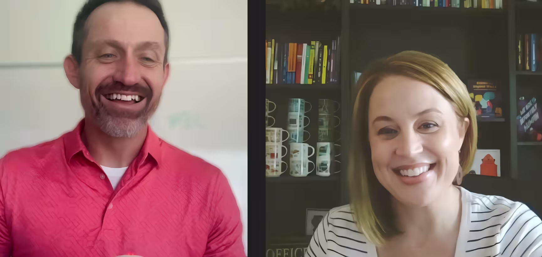 Andrew Easton and Dr. Kristen Mattson smile during a Zoom conversation, shown side by side with Mattson seated before a bookshelf.