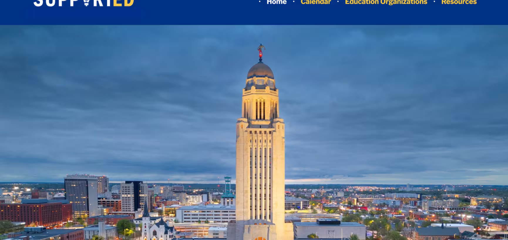 SupportED homepage showing the Nebraska State Capitol in Lincoln, Nebraska. Link to SupportED, Nebraska’s statewide hub for educator resources, professional learning, initiatives, and educational organizations.